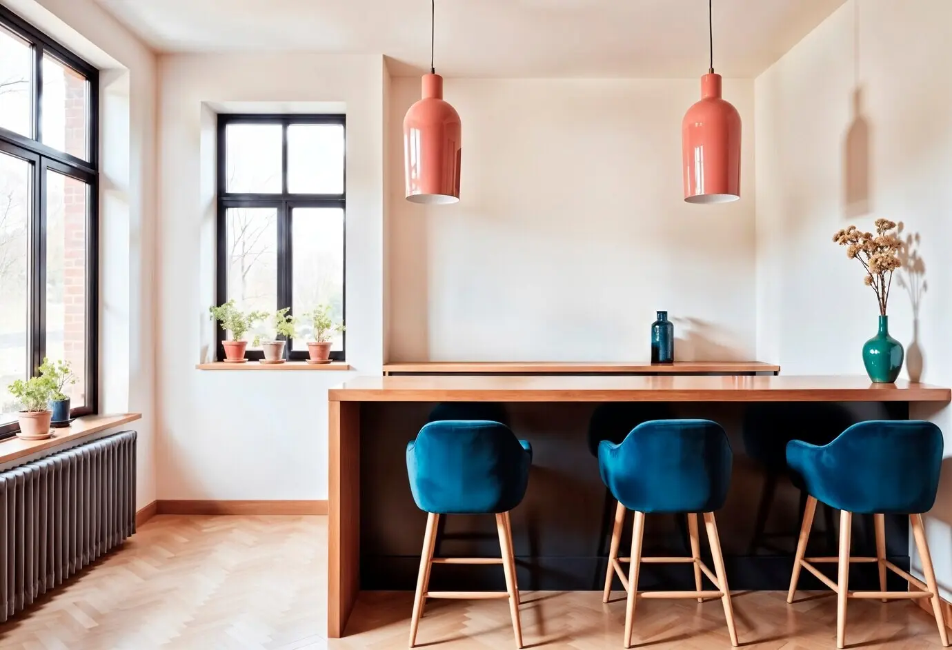 Современный интерьер кухни с баром и табуретами.