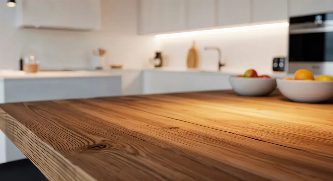 Интерьер кухни с деревянным столом и мисками с фруктами.