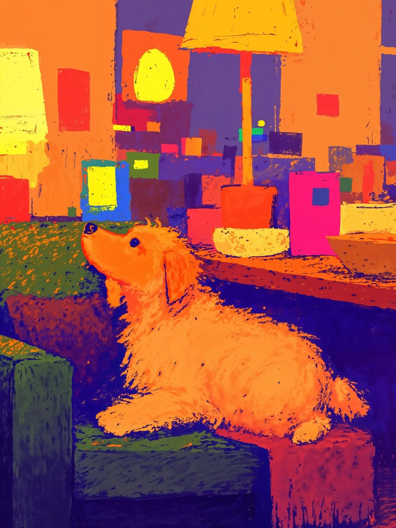 Собака в разноцветной комнате